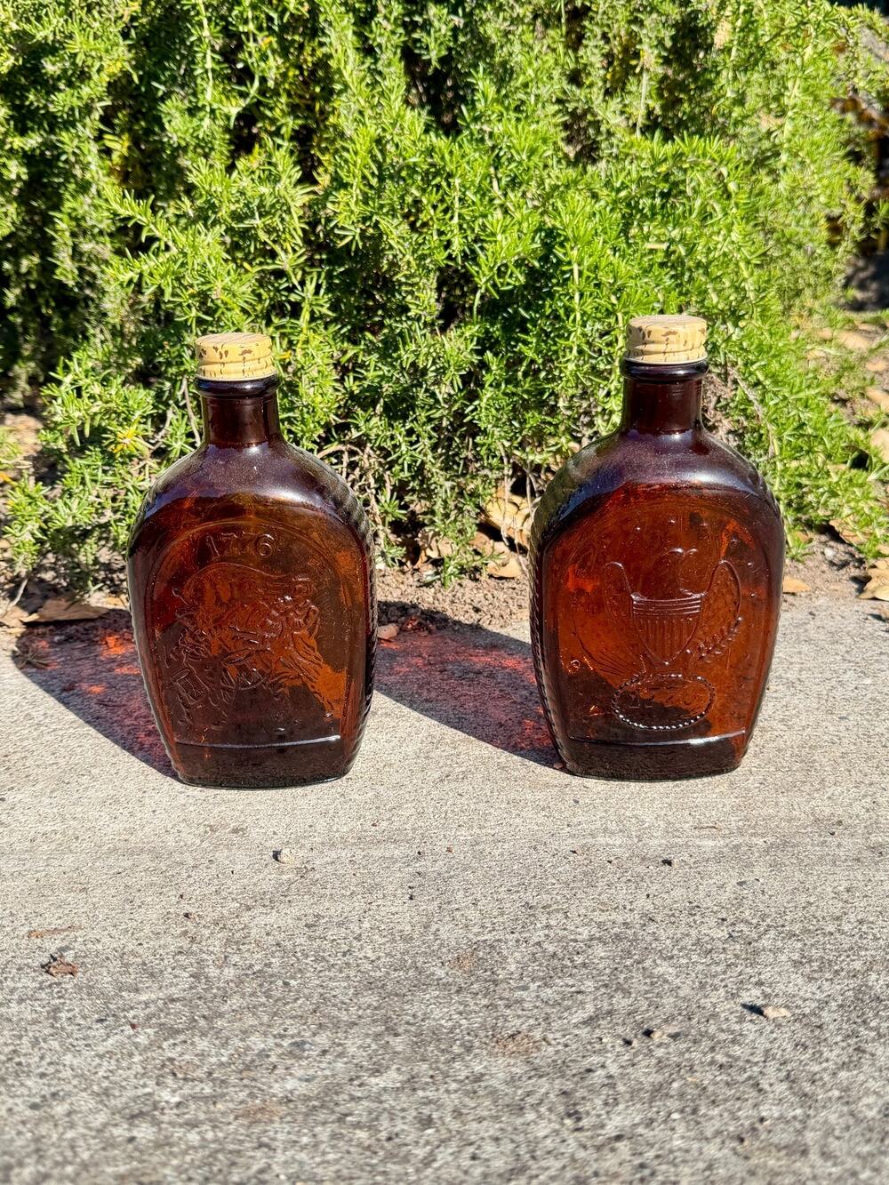 Vintage 1976 Log Cabin Syrup Bicentennial Amber Glass Bottles Set 2 Eagle 1776